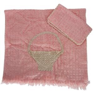 Vintage Bath Towel Set Penny's Pink Fringed Crochet Basket Edging Cotton Gift